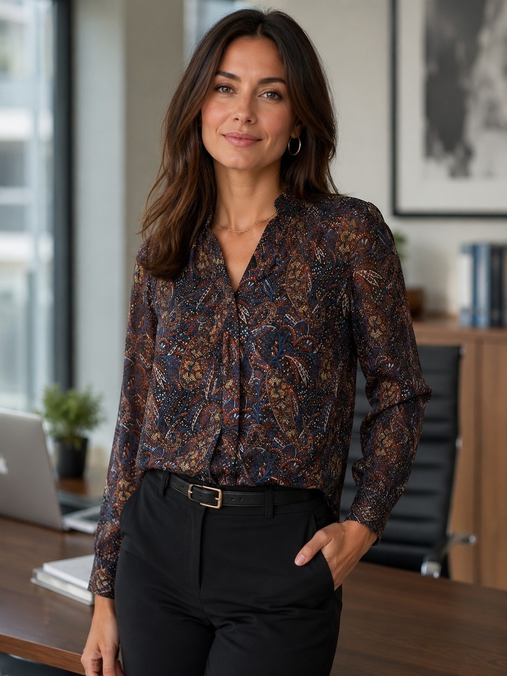 Ann Taylor Navy Paisley Button-Front Blouse